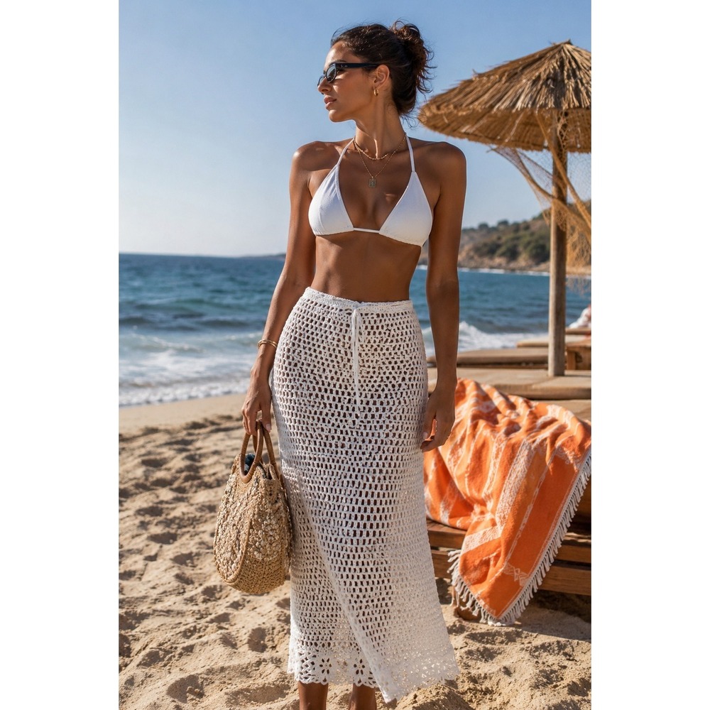Lulus Crochet Knit Cover Up Skirt Cream Ivory Drawstring Floral Hem Beach XL